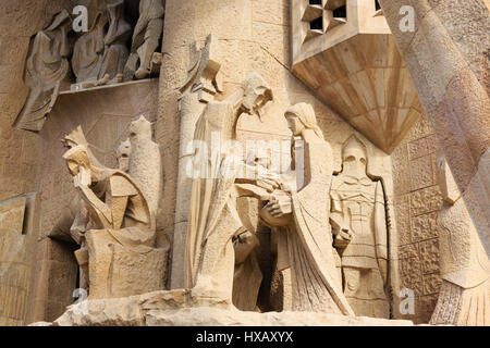 Dettaglio dalla passione facciata di Gaudì, La Sagrada Familia di Barcellona, Catalunya, Spagna. Foto Stock