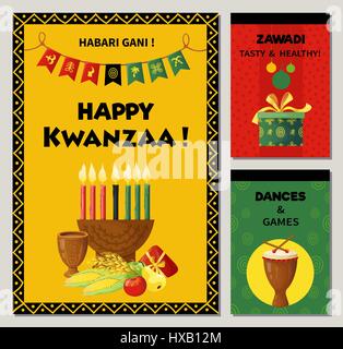 Celebrazione Kwanzaa banner in stile etnico. Illustrazione Vettoriale con elementi decorativi. Illustrazione Vettoriale