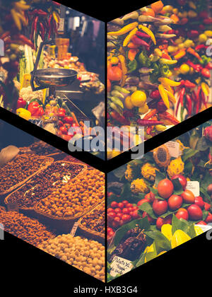 Collage di frutta e verdura in stallo La Boqueria, il più famoso mercato di Barcellona. Foto Stock