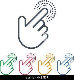 Il design del vettore di fare clic su icone con i cursori a mano. Mano è premendo il pulsante. Simboli del puntatore. Illustrazione Vettoriale