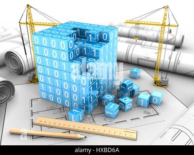 3d illustrazione della gru e cubetti di binario costruzione sopra blueprint sfondo Foto Stock