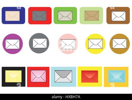 Un set di icone delle buste sul cerchio e quadrato sfondi Illustrazione Vettoriale