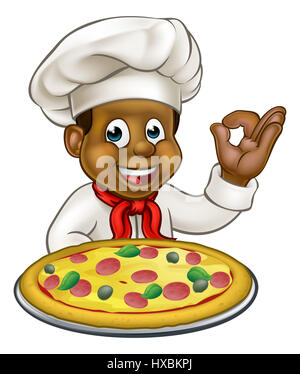 Cartoon chef nero o carattere cook tenendo una pizza e dando una perfetta ok delizioso gesto Foto Stock