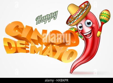 Felice messicano Cinco De Mayo design con peperoncino rosso personaggio dei fumetti in sombrero cappello di paglia tenendo le maracas shakers Foto Stock