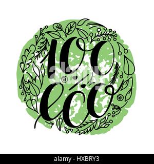 100 percento alimenti eco le icone di menu. Scritto a mano composizione scritta sul verde isolato su bianco. Illustrazione Vettoriale. Illustrazione Vettoriale