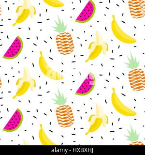 Frutta estiva pattern con banane, ananas e anguria. Vettore di Seamless sfondo tropicale. Succose texture wrap per tessuti e abbigliamento. Illustrazione Vettoriale