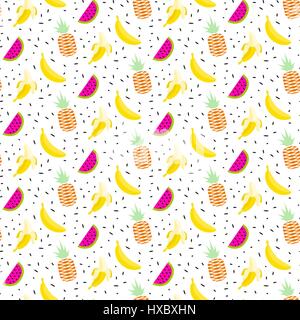 Estate insalata di frutta pattern con banane, ananas e i cocomeri. Vettore di Seamless sfondo tropicale. Succose texture esotiche per tessuti e abbigliamento. Illustrazione Vettoriale