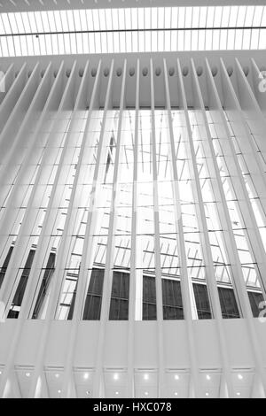 NEW YORK CITY-1 Ottobre 2016: Guardando fuori dalle finestre dell'occhio a un grattacielo in vetro.interno di Santiago Calatrava il trasporto hub e mall Foto Stock