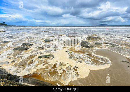 Schiuma di mare sulla spiaggia dopo una tempesta, Seven Mile Beach, Gerroa, Illawarra Costa, Nuovo Galles del Sud, NSW, Australia Foto Stock