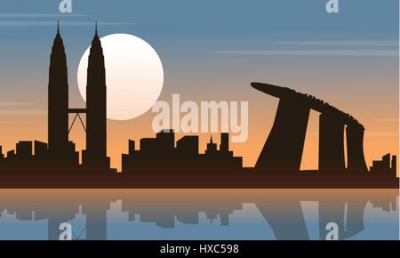 Silhouette di Malaysia Singapore city tour scenario Illustrazione Vettoriale