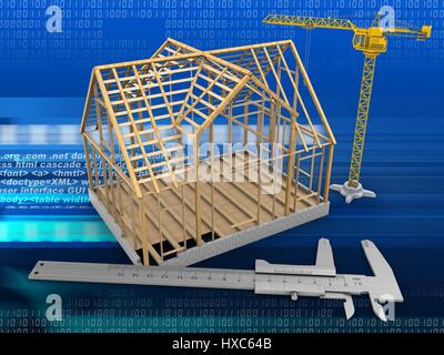 3d illustrazione della costruzione di gru house telaio, oltre il codice binario sfondo Foto Stock