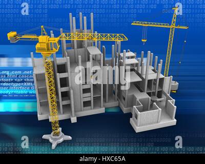 3d illustrazione della gru e la costruzione di edifici al di sopra del codice binario sfondo Foto Stock