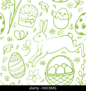 Disegnato a mano senza giunture di Pasqua pattern con coniglio su sfondo bianco Foto Stock