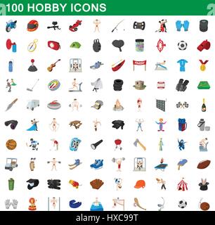 100 hobby set di icone, stile cartoon Illustrazione Vettoriale