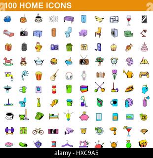 100 home set di icone, stile cartoon Illustrazione Vettoriale