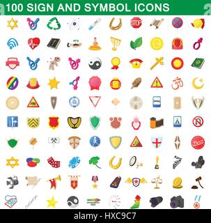 100 segno e simbolo di set di icone, stile cartoon Illustrazione Vettoriale