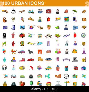 100 urbano set di icone, stile cartoon Illustrazione Vettoriale