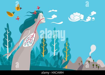 La donna la respirazione in una naturale e di un ambiente sano. I suoi polmoni sono rami e foglie di un albero, metafora di una vita sana. Illustrazione Vettoriale