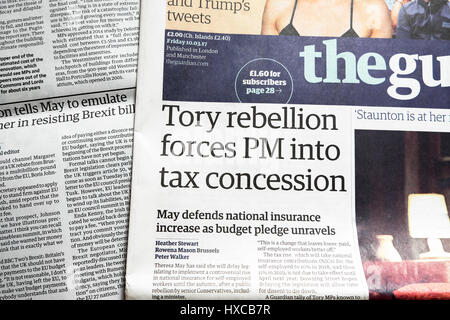 "Tory ribellione delle forze in PM agevolazione fiscale' quotidiano Guardian articolo titolo 10 marzo 2017 LONDON REGNO UNITO Foto Stock