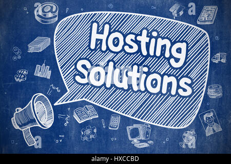 Soluzioni di hosting - Doodle illustrazione sulla lavagna blu. Foto Stock