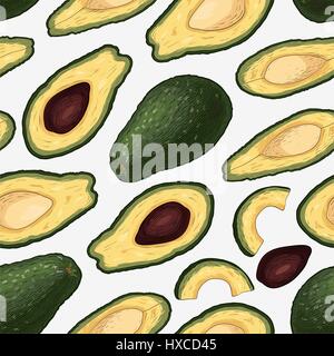 Modello senza cuciture con disegnati a mano colorati incisi avocado isolati su sfondo bianco. Illustrazione Vettoriale