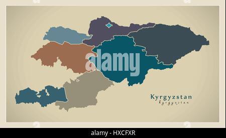 Mappa moderno - Kirghizistan con province KG politico Illustrazione Vettoriale