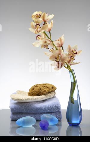 Orchid con asciugamani di spugna, Guanto massaggio e pietre blu, Orchidee mit Handtuecher, Schwamm, Massagehandschuh und blaue Steine Foto Stock