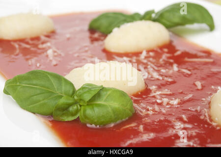 Gnocchis con salsa di pomodoro e basilico, Gnocchi con salsa di pomodoro e basilico |, Gnocchis mit Tomatensauce und Basilikum |Gnocchi con salsa di pomodoro e ba Foto Stock