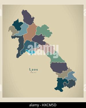 Mappa moderno - Laos con province la colorata Illustrazione Vettoriale