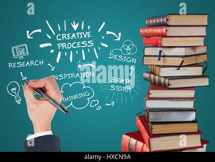 Digital composito della pila di libri con design bianco scarabocchi e la mano con la penna contro lo sfondo di teal Foto Stock