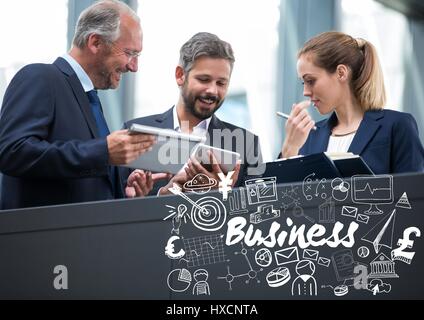 Digital composito di tre aziende con dispositivi e bianco scarabocchi di business Foto Stock