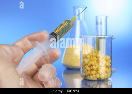 Mano con la siringa e la tazza di misura con il mais, mano mit Spritze und Messbecher mit Mais Foto Stock