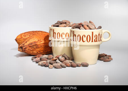 Le tazze con chicchi di cacao, Tassen mit Kakaobohnen Foto Stock
