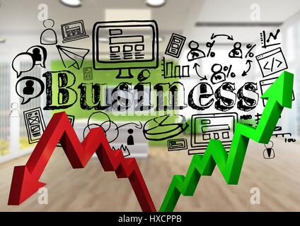 Composito Digitale delle frecce verdi e rosse contro nero scarabocchi di business e office sfocato Foto Stock