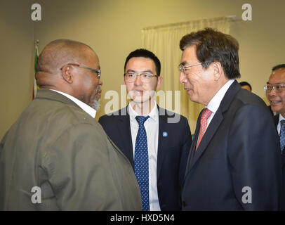 Johannesburg, Sud Africa. 26 Mar, 2017. Guo Jinlong (R), un membro dell'ufficio politico del Comitato Centrale del Partito Comunista della Cina (CPC) e capo del partito comunista di Pechino comitato comunale, risponde con il Congresso Nazionale Africano Segretario generale Gwede Mantashe (L) a Johannesburg, Sud Africa, 26 marzo 2017. Credito: Zhao Xi/Xinhua/Alamy Live News Foto Stock