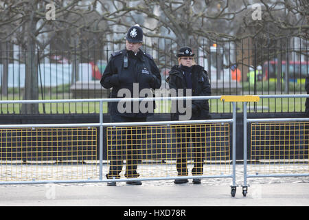 Londra, Regno Unito. Il 28 marzo 2017. Disarmati poliziotti stare davanti ai cancelli al di fuori del parlamento di Westminster , in risposta a Khalid Massud di attacchi terroristici e l'uccisione di PC Keith Palmer. Credito: Vickie Flores/Alamy Live News Foto Stock