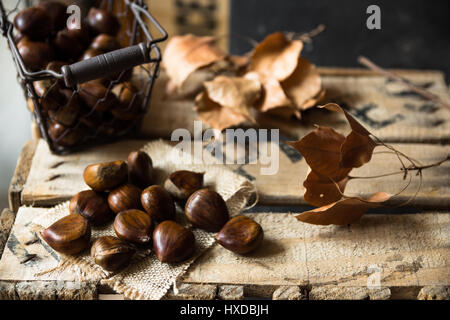 Le castagne fresche nel cesto in filo sparse sulla tela ruvida stoffa, secco foglie marrone,su vintage scatola di legno, autunno autunno, raccolto, atmosfera accogliente Foto Stock