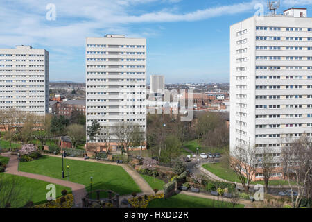 Lo skyline di Birmingham e alto appartamenti visitati dalla Biblioteca di Birmingham roof garden Foto Stock