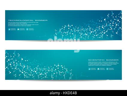 Set di scientifiche moderne banner. Struttura di molecola di DNA e i neuroni. Abstract background. Medicina, la scienza, la tecnologia, business modelli di sito web. Grafica vettoriale scalabile. Illustrazione Vettoriale