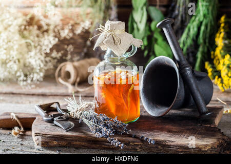 Medicina in bottiglie di miele e di erbe fresche Foto Stock