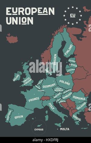 Mappa poster dell'Unione europea con i nomi dei paesi Illustrazione Vettoriale