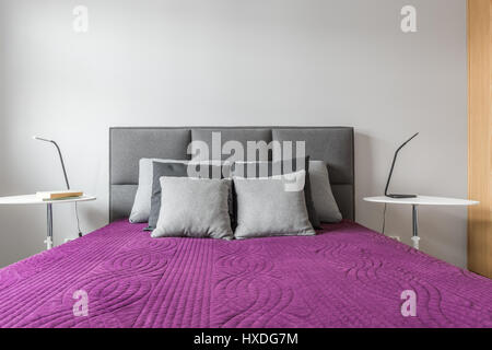 Letto grande con grigio cuscini decorativi e copriletto color porpora in camera da letto moderna Foto Stock