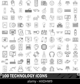 100 tecnologia set di icone di stile di contorno Illustrazione Vettoriale