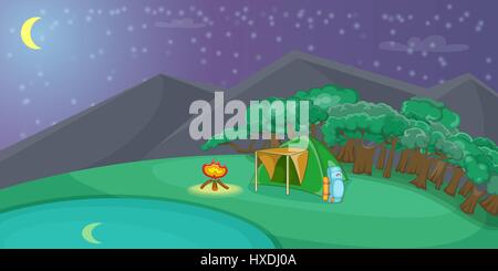 Camping banner orizzontale di notte, stile cartoon Illustrazione Vettoriale