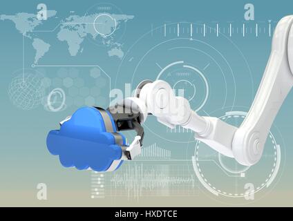 Composito Digitale del robot bianco unghia con blue cloud contro l'interfaccia in bianco e lo sfondo blu Foto Stock