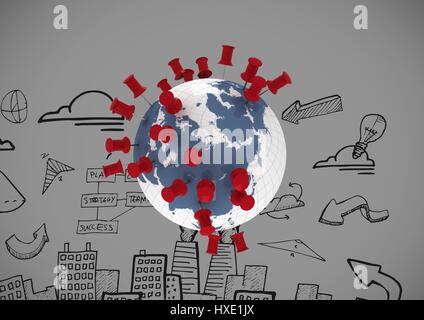 Composito digitale del mondo con business disegni contro sfondo blu Foto Stock