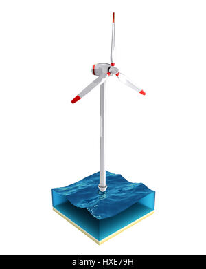Turbina eolica in mare isolato su uno sfondo bianco. 3D render illustrazione. Foto Stock