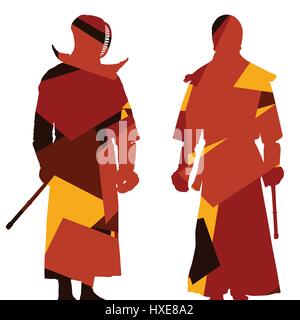 Active giapponese spada di Kendo di arti marziali fighters sport silhouettes mosaico astratto illustrazione vettore di fondo Illustrazione Vettoriale