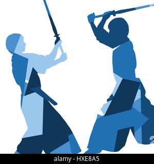 Active giapponese spada di Kendo di arti marziali fighters sport silhouettes mosaico astratto illustrazione vettore di fondo Illustrazione Vettoriale