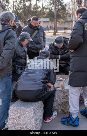 Anziani il popolo cinese a godersi al meglio il loro tempo libero in una giornata invernale presso il Tempio del Paradiso Park di Pechino. Foto Stock